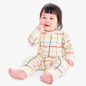 Baby sweatshirt romper in rainbow grid