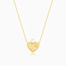 Golden Filigree Pearl Heart Necklace