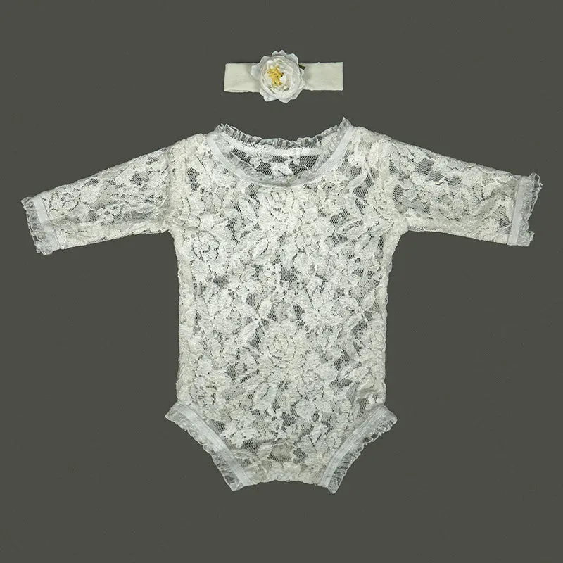 Newborn Baby Photography Props Costume, Lace Romper With Headband, Reborn Baby Lace Romper Photo Prop