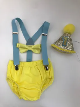 Spring theme Smash Cake Outfit Boy Birthday Outfit 4 pcs Set, light yellow diaper cover and bowtie , powder blue suspender and birthday hat.